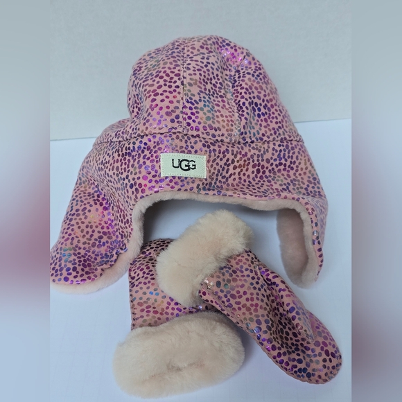 UGG Pink & Purple Metallic Spotted Toddler Leather Trapper Hat & Mittens 2-4yrs - Picture 5 of 12
